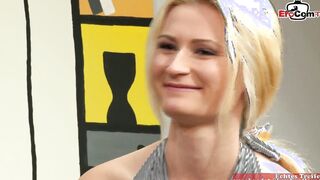 Petite blonde with big legs got a jizzed on her tiny titties