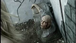 Blonde with tiny breasts riding a stiff penis outdoors