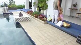 Adorable blonde goddess with a nice booty blows dick, then boned