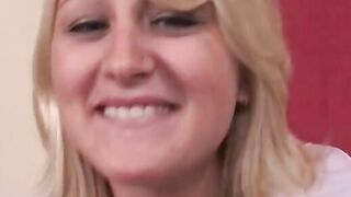 Bubble blonde smiles while she blows bro's pole