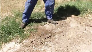 Young cunt with mouth plowed by mature farmer for smoking on a haystack