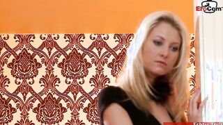 Slim blonde bimbo inside nylon underwear and with tiny breasts