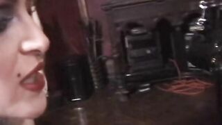 Redheaded lover has her high heeled boots licked by stud