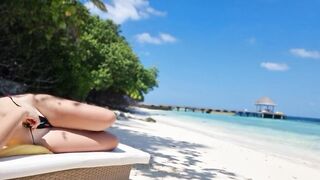 Without underwear on Beach babe touching vagina
