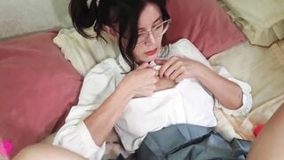 Adorable student satisfies herself by masturbating tight vagina