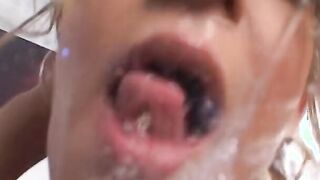 Blonde with fake hooters and a long butt gets all holes plowed for booty cumshot