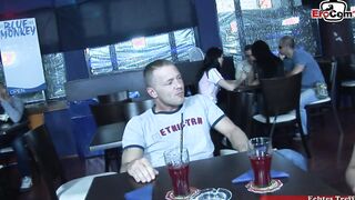 Dark Haired Mom with natural boobs fucks into a outside bar
