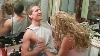 Hottie blonde gets cum on her crazy hot breasts after giving blowjob