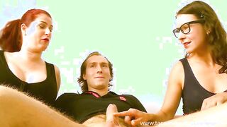 Big Boobed milf and young 19 year old hoe interview a wannabe porn stud