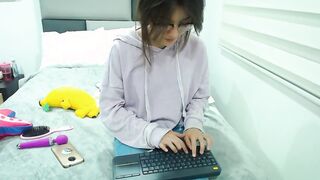 Pure-looking nerdy bimbos with an angel face shows you how
