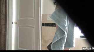 sexy petite dark haired 19 year old bimbo fucks long-cock pervert after shower