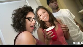 Huge-boob dark haired bimbos Jackie & Sabrina plowed inside hotel group sex party