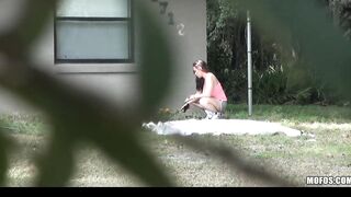 Pervert fucks turned on long-boob dark haired gardener Jasmine outside
