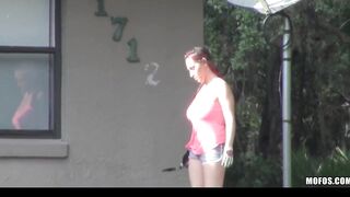 Pervert fucks turned on long-boob dark haired gardener Jasmine outside