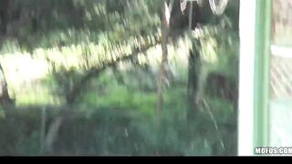 Freaky long-tit dark haired teens caught on clip fucks stranger's penis