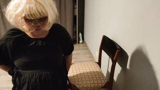 Goddess blonde into a ebony dress decided to play passionately