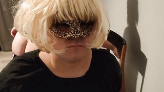 Goddess blonde into a ebony dress decided to play passionately