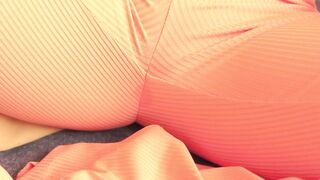 A dark hair inside an orange leotard had her booty filled with cum