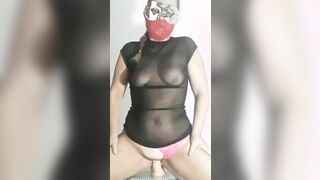 Pink lingerie on the side and toy punched inside the twat
