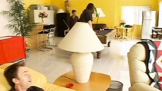 Thot inside striped tights takes 2 dicks inside the living room