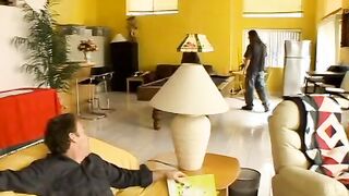 Thot inside striped tights takes 2 dicks inside the living room
