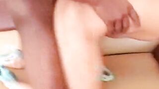 Blonde skank into blue shoes on couch sucking off and fucking black wang