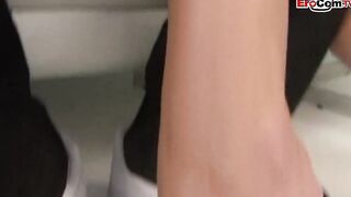Blonde Cougar with long jugs fucks inside an interracial FFM 3 way