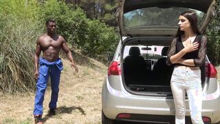Candie Luciani, teen years mature, a dream body, she gets her booty banged on the hood of her vehicle public by the mechanic, a african bro with a big penis and she loves it and wants more