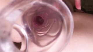 chick masturbates her tight twat with a huge cock