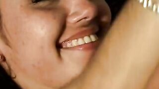 Adorable Hispanic with natural boobs gets her vagina eaten on the couch