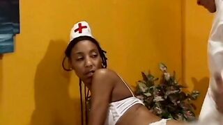 Eager african nurse blows doctor's dick on her knees before getting banged! inside his office