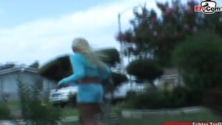 Slender blonde 18 Yo with small melons pick up for sex and a mouth cummed