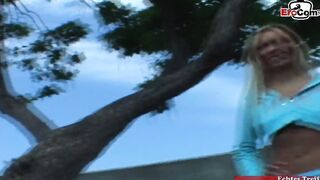 Slender blonde 18 Yo with small melons pick up for sex and a mouth cummed