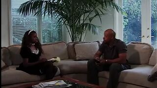 Beauty ebony maid spreads her legs and gets her twat licked