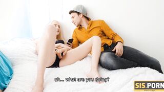 SISPORN. Boy is resting on bed not noticing blond lover having sex with stepbro