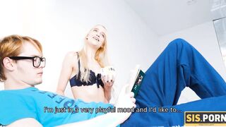 SISPORN. Boy is resting on bed not noticing blond lover having sex with stepbro
