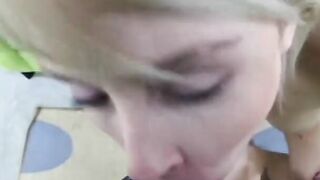 Adorable blonde shows off her sucking off skillz before getting her booty creamed