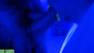Neon lips fellatio denied cum into mouth