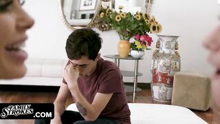 Family Massage - Buxom hot Cougar Joins Her Stepson And His Goddess gf While Banging On