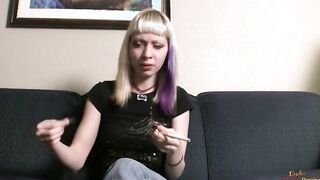 Smoking cigarettes while stripping down on the couch