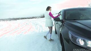 Slim 18yo Goldie Tiny Banged! Rough inside the Snow and into the Trunk of a Vehicle with Gape and Cum on Face