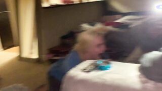 freaky snow bunnys take two big black dick for dinner while her BF see