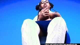 Chesty Black Star Sheisnovember Hugest Areolas & Nipples Dangling On Humongous Udders Squeezed Then Licked During Photography Session Lifting Her Shirt Revealing Crazy Hot Saggy Rack, Sitting On A Stool Inside A Blue Mini Skirt by Msnovember
