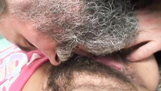 The dark hair maid has a very bushy vagina with a super desire