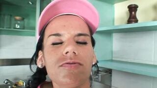 The dark hair maid has a very bushy vagina with a super desire