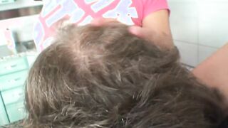 The dark hair maid has a very bushy vagina with a super desire