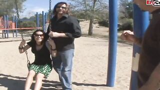 Thin dark hair skank with stunning jugs enjoy the strangers penis while her hubby watches