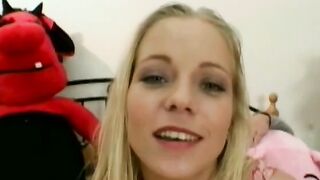 Blonde Bae with yummy melons sucking off and fucking a juicy cock inside bed