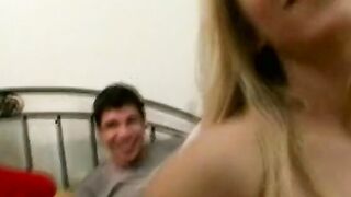 Blonde Bae with yummy melons sucking off and fucking a juicy cock inside bed