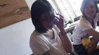 2 japanese backpacker girls get a huge group sex party into the hostel